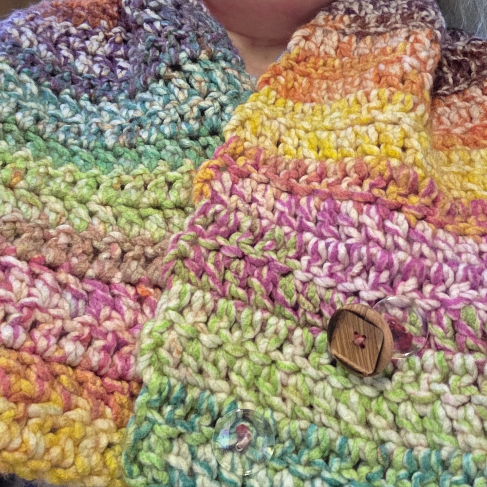 Multicolor Raunbow Knit Scarf With Buttons, Handmade - Picture 6 of 6